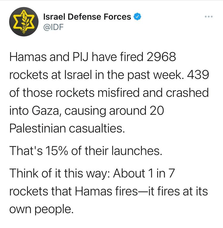 以色列国防军过去一周哈马斯和杰哈德向以色列发射2968枚火箭弹