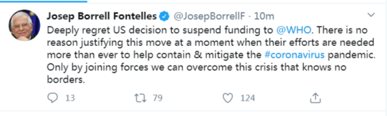 特朗普暂停资助世卫组织 引欧洲各界强烈批评