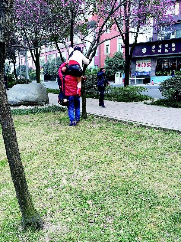 成都中年妇女锦江河边赏花 攀上树枝留影(图)
