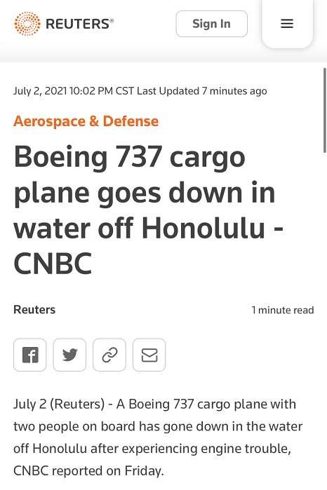 一架波音737货机在美国夏威夷迫降 未造成人员伤亡