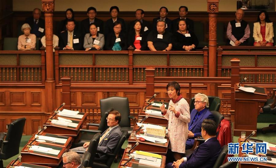 10月26日，在加拿大多伦多，安大略省议会议员黄素梅（下右三）在辩论中发言。（新华社 邹峥摄）
