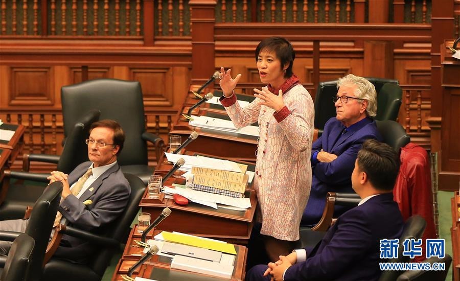 10月26日，在加拿大多伦多，安大略省议会议员黄素梅（左二）在辩论中发言。（新华社 邹峥摄）