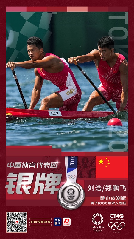 刘浩/郑鹏飞夺得静水皮划艇男子1000米双人划艇银牌！