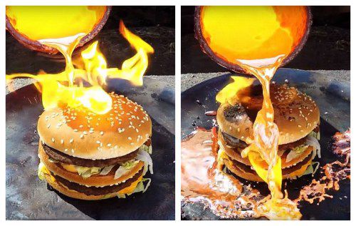 男子用千度铜水浇汉堡 汉堡“屹立不倒”(图)