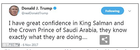 美国总统特朗普在推特上表示，他完全支持沙特国王萨勒曼和王储穆罕默德_fororder_QQ截图20171107153759