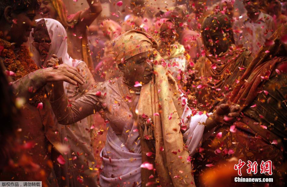 印度民众庆祝胡里节 彩色粉末与花瓣漫天飞舞