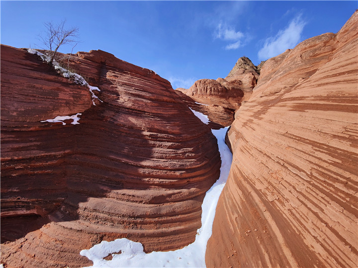 陕西靖边：初雪覆丹霞 风景成画_fororder_3、层层叠叠的红砂岩犹如一道道优美的波浪线