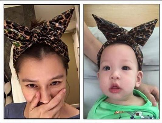 徐若瑄和儿子戴同款兔耳朵发夹 谁更可爱？
