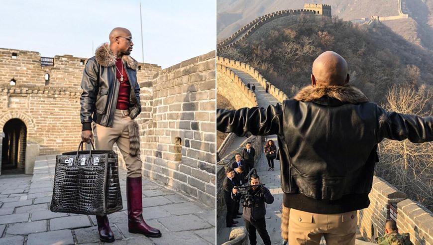 真土豪!梅威瑟豪华装扮登长城 拎260万爱马仕包
