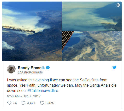 NASA宇航員Randy Bresnik從國際空間站上觀察了火勢，並在Twitter上分享了照片_fororder_F0OV-fypnsin8629534