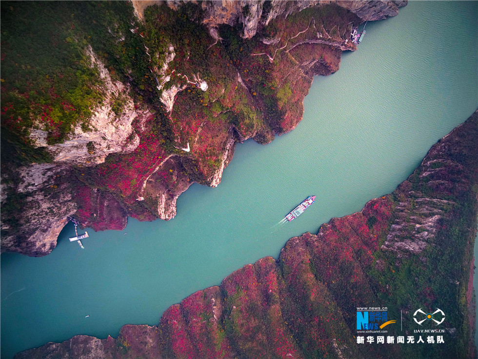 航拍长江三峡漫山红叶美景