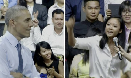 奧巴馬與年輕人互動秀口技：為越南説唱天后打拍子