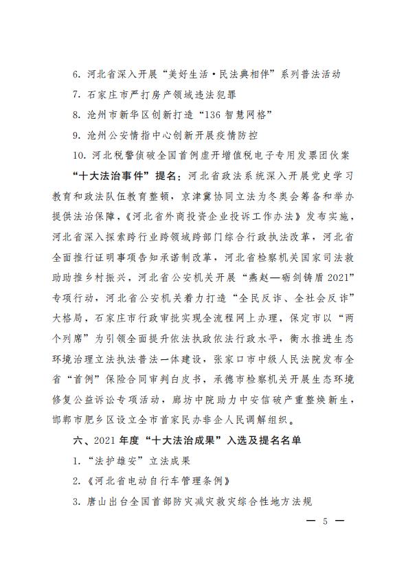 关于印发河北省2021年度“十大法治人物、十大法治事件、十大法治成果”推选结果的通知