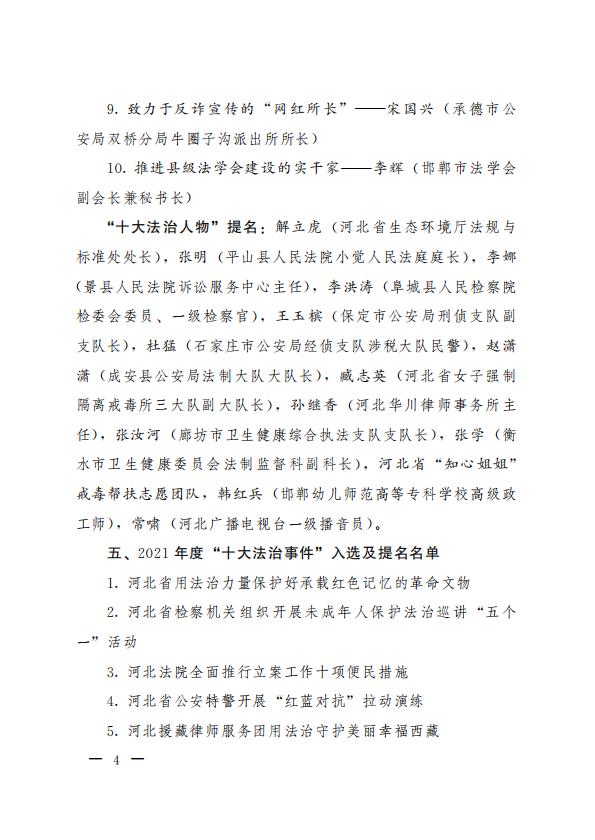 關於印發河北省2021年度“十大法治人物、十大法治事件、十大法治成果”推選結果的通知