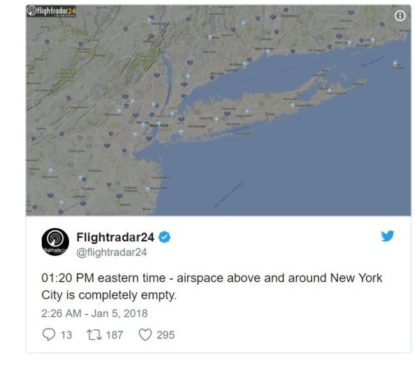 根据Flightradar24于1月5日发布的信息，纽约上空一度没有任何飞机飞过_fororder_0DDBF40FB3096722F87BBCC54E5D4E6D3C8B6415_size35_w600_h526