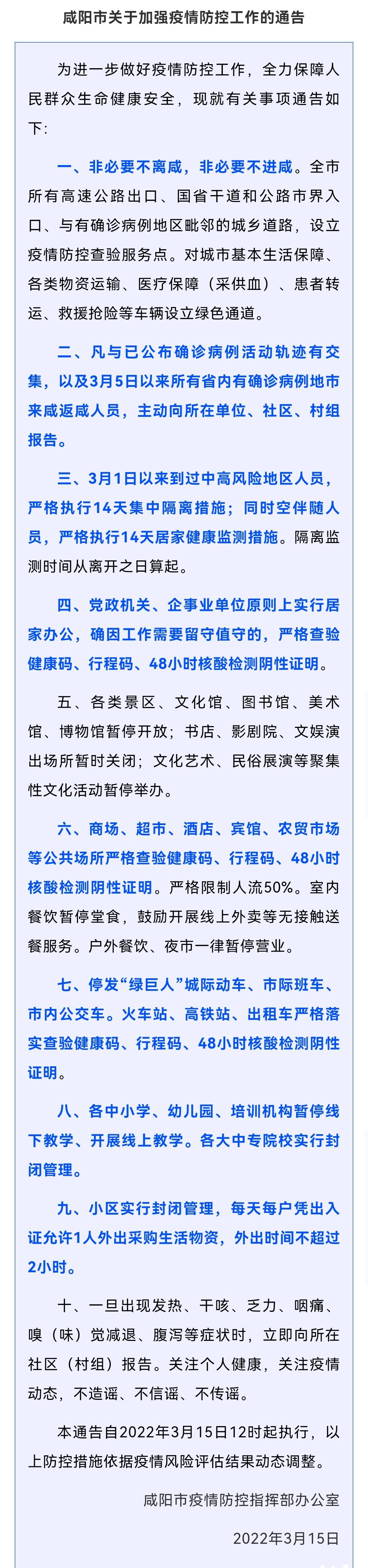 （轉載）咸陽加強疫情防控：小區封閉管理 每天每戶允許1人外出採購