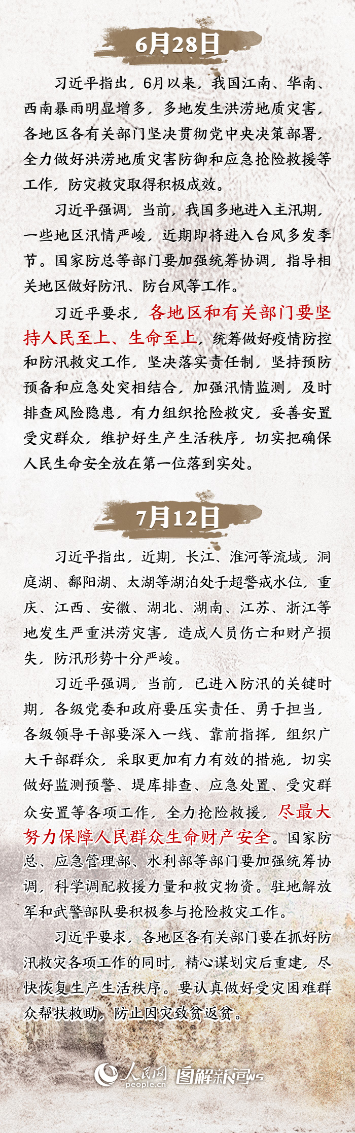 于6月28日和7月12日先后两次对防汛救灾工作作出重要指示