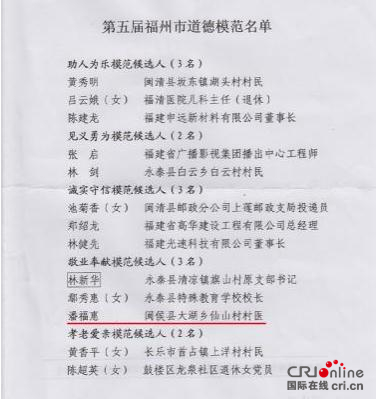 【cri看福建 列表】【滚动新闻】潘福惠获得第五届福州市道德模范荣誉称号