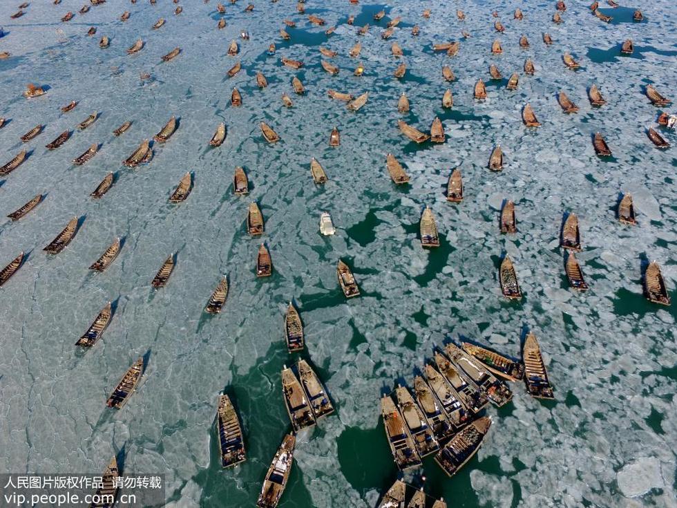 遼寧大連：海冰範圍擴大 漁船“冰封”海面