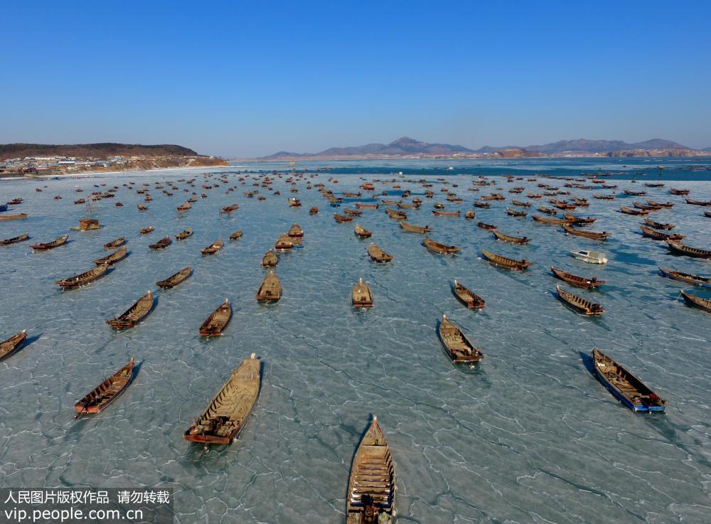 遼寧大連：海冰範圍擴大 漁船“冰封”海面