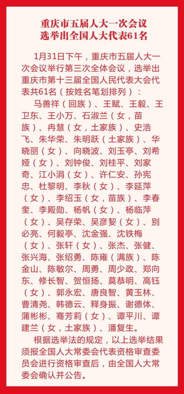 【要聞】市五屆人大一次會議選舉出全國人大代表61名【內容頁標題】重慶市五屆人大一次會議選舉出全國人大代表61名