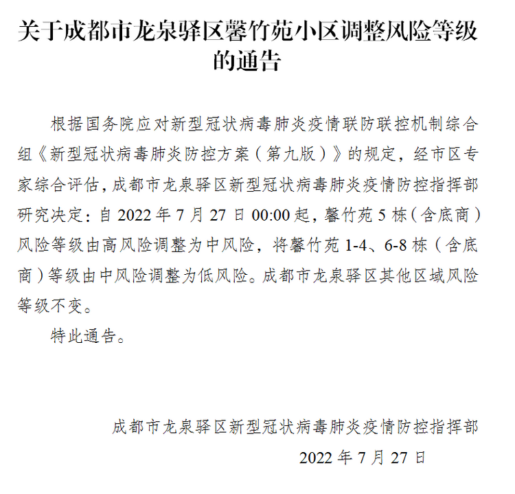 （转载）成都市武侯区、锦江区、高新区、龙泉驿区部分区域下调风险等级