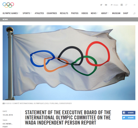 IOC发表声明：禁止俄涉事人员参与里约奥运会