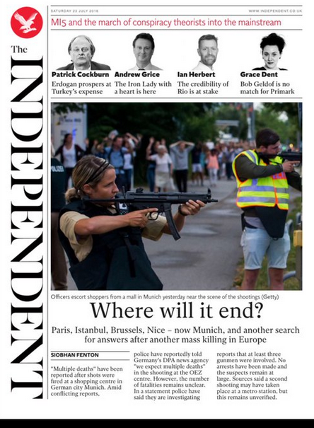 慕尼黑槍擊案佔據德國和英國各大報紙的頭版頭條