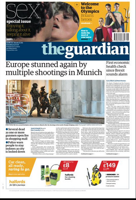 慕尼黑槍擊案佔據德國和英國各大報紙的頭版頭條