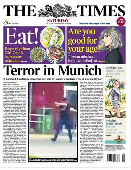 慕尼黑枪击案占据德国和英国各大报纸的头版头条
