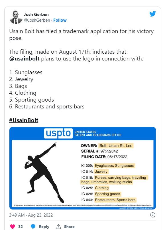 【全球正发生】博尔特为自己标志性胜利姿势申请商标