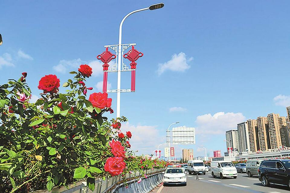 昆明二环快速线再现车在花中行美景