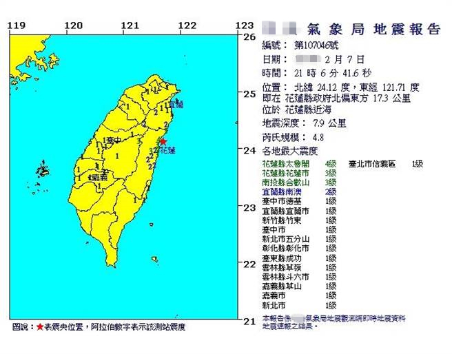 花蓮余震規(guī)模5.7級最大震度4級 幾乎全臺有感