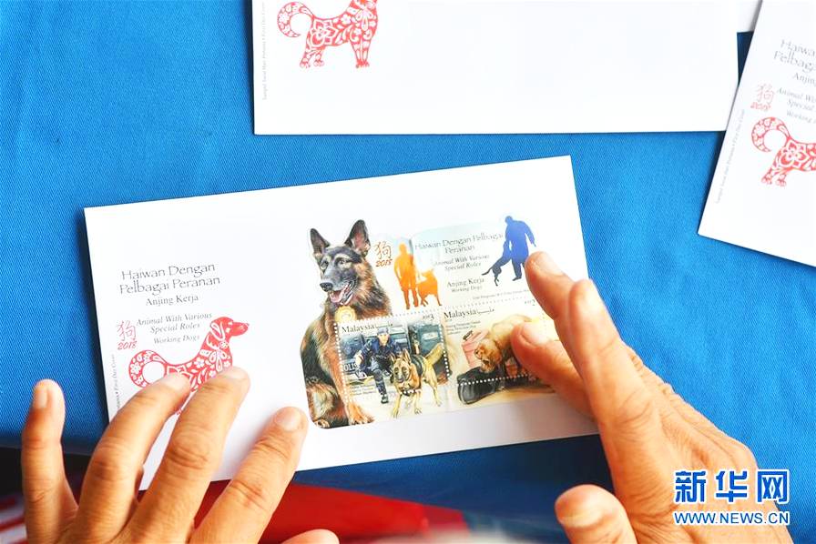 在马来西亚吉隆坡一所邮政局，集邮爱好者把“狗”主题邮票粘贴在首日封上。_fororder_1516783642399986