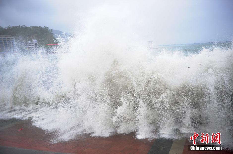 台风“妮妲”袭击深圳 海边掀数米的巨浪