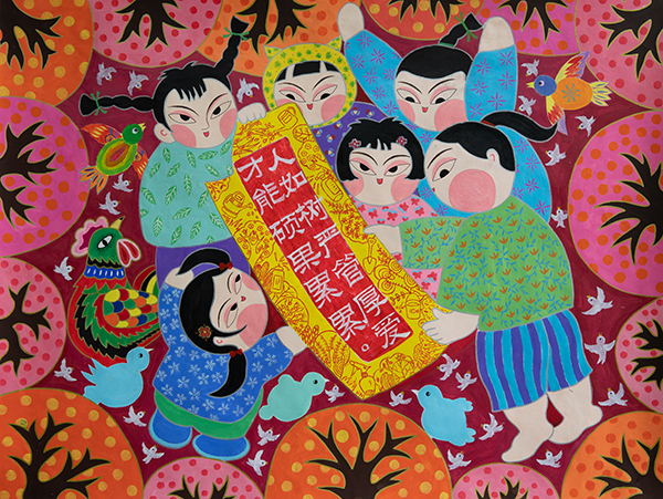 简阳市：以农民画“小切口”传播廉洁“大理念”_fororder_农民画作品《守护成长》供图-简阳融媒体中心