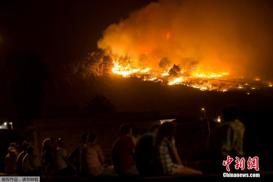 西班牙发生森林大火 火光冲天救援进行中
