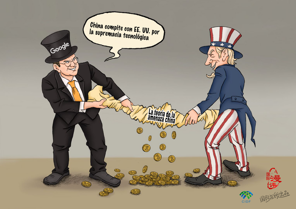 【Caricatura editorial】 Así es como se usa “La teoría de la amenaza” para ganar dinero_fororder_中国威胁论（西）