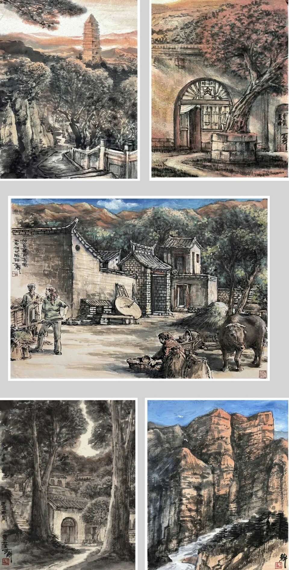 水彩画解诗梵《市井滋味长》中国画雷婵妹《山花颂·雨后》中国画李