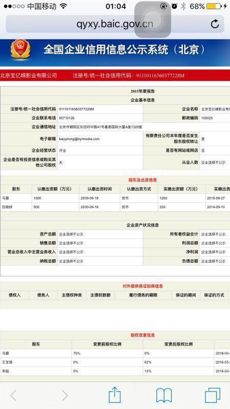 王寶強公司兩次股權轉讓 馬蓉股權由75%變成0