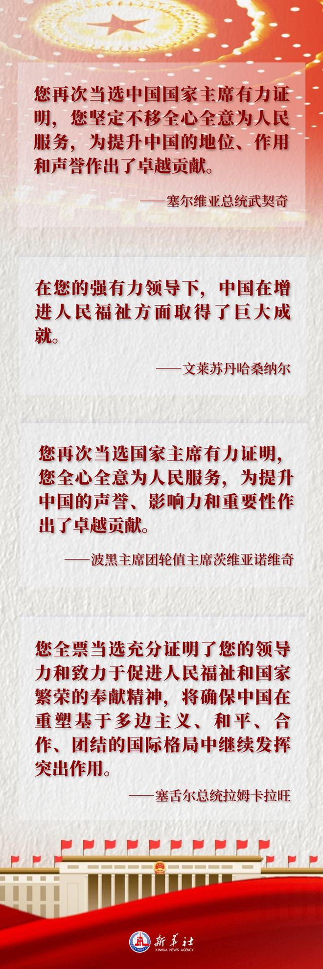 领导人和国际组织负责人热烈祝贺习近平全票当选国家主席中央军委主席