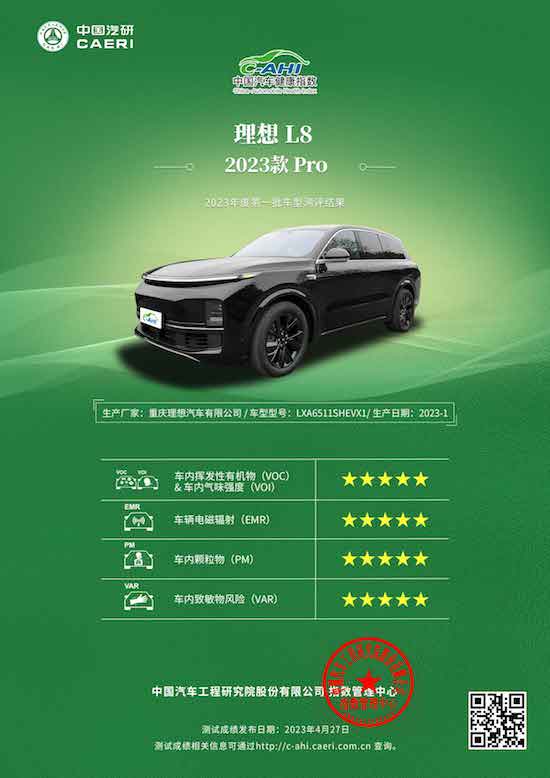 理想L8 獲得C-AHI中國汽車健康指數五星評價_fororder_WechatIMG15772