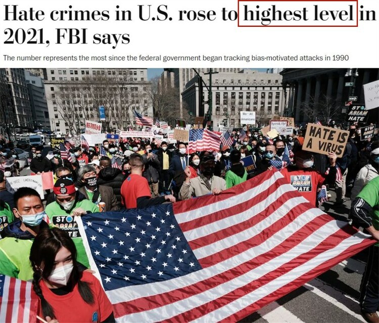 美国：仇恨罪案数量再创纪录