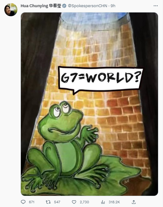 “G7=世界？”华春莹晒“井底之蛙”图，讽刺G7国家抹黑中国言行