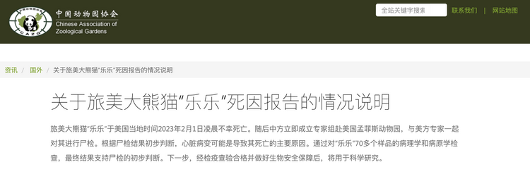 中國動物園協會：旅美大熊貓“樂樂”死因主要為心臟病變