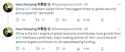 华春莹连发5帖质问：如中国是“威胁”，对主权国家发动战争的G7是什么？