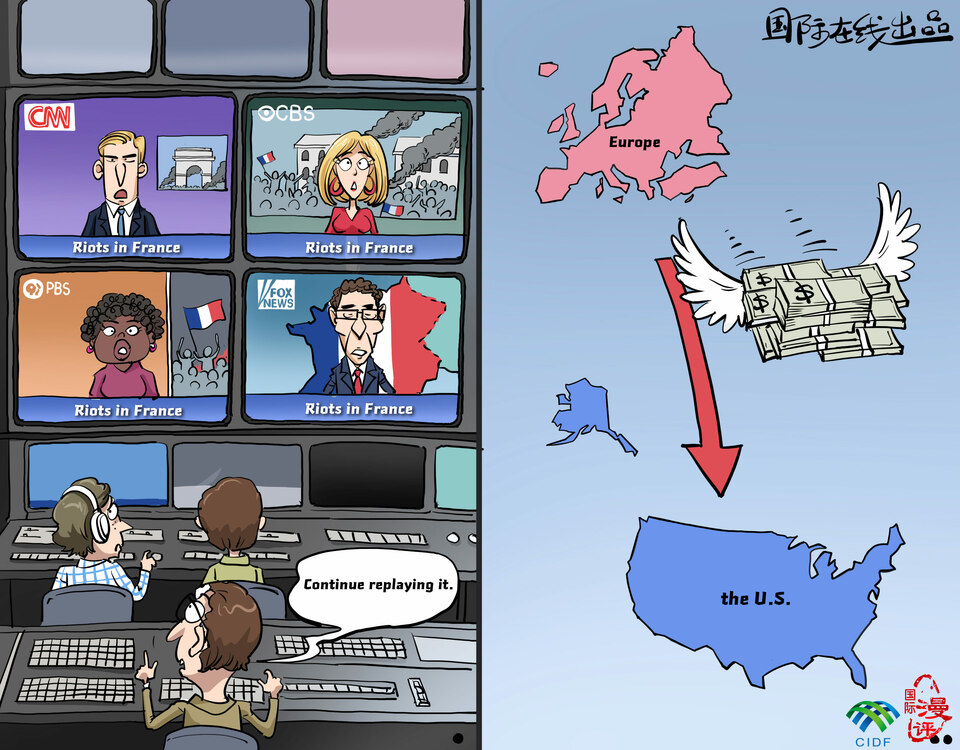 【Editorial Cartoon】Riots in France make the U.S. media very excited!_fororder_s英法國騷亂讓美媒很興奮啊！