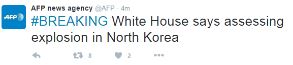 白宫称正评估朝鲜爆炸