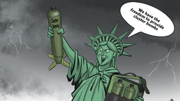 【Editorial Cartoon】The Goddess of Liberty and" the freedom of offering cluster bombs"