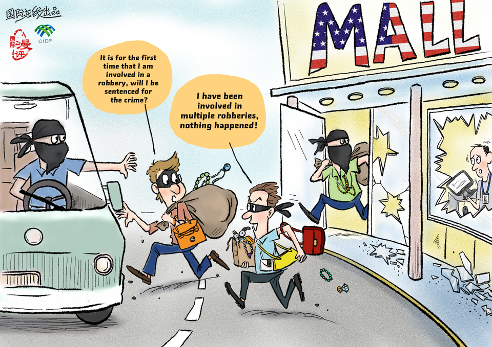【Editorial Cartoon】U.S.-style “Zero-dollar Shopping” is unstoppable!_fororder_零元購(英)
